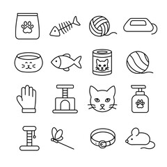 Illustration showing a set of black icons of cat accessories on a white background