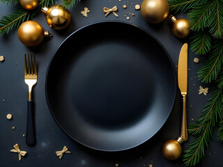 A black round empty dinner plate centered on a dark gray stone table, decorated with gold Christmas ornaments, small gold bows, and sprigs of green pine branches.  Gold flatware 