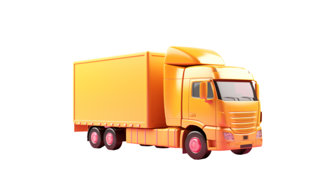 A bright yellow delivery truck with a closed cargo container on black background