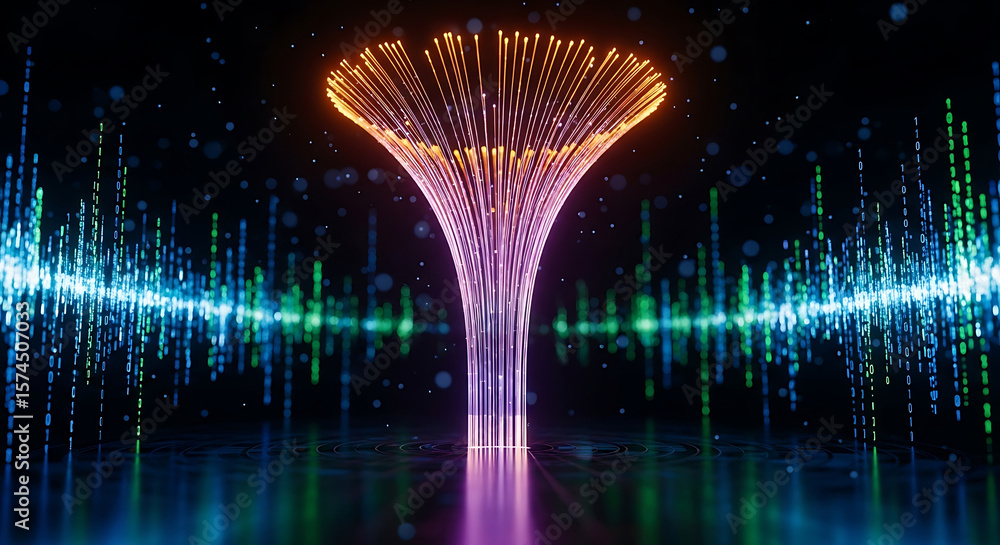 Poster digital network visualization showing data flow and emerging technological advancements with lines