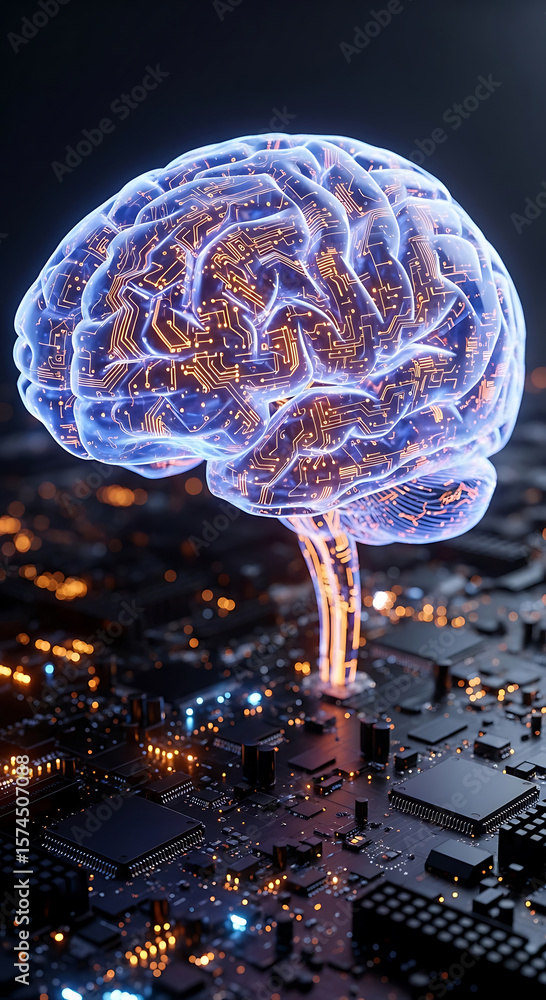Poster digital representation of human brain with circuit board integrated technology concepts