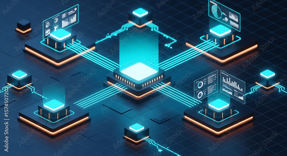 Poster futuristic data center concept illustrating network connectivity and data processing visualizations