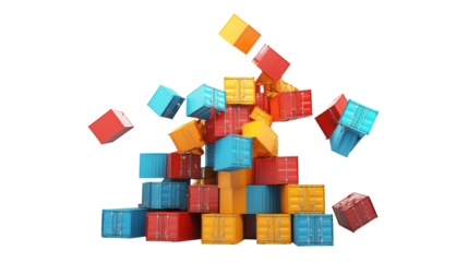 Pile of colorful shipping containers stacked and falling on black background