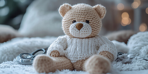 A knitted teddy bear wearing a sweater sits with a stethoscope on a soft white blanket indoors