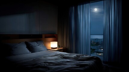 A peaceful bedroom at night with a view of the city.
