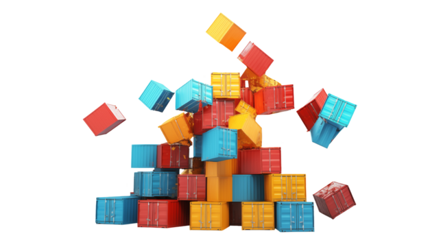 Pile of colorful shipping containers stacked and falling on black background