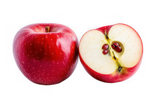 High resolution fresh red apple fruit cut half slice detailed close-up photography isolated on transparent background