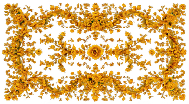 Ornate, symmetrical pattern of many small, detailed yellow flowers, creating a complex, repeating design