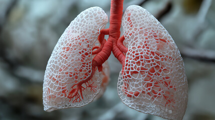 A detailed view of a 3d printed model of human lungs with intricate white lattice and red vessels