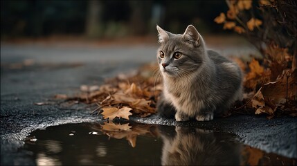 A curious grey tabby kitten sits by a puddle surrounded by fallen autumn leaves reflecting its image