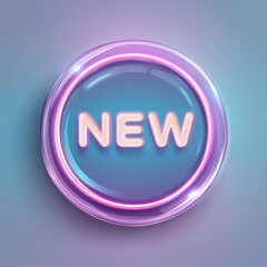 A shiny round button with the word new on it surrounded by a glowing purple border on a gradient background