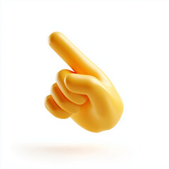 A yellow cartoon hand with the index finger pointing upwards on a plain white background in studio shot