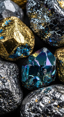 Fototapeta premium Macro shot of stunning iridescent mineral specimens with shiny surfaces and colorful textures