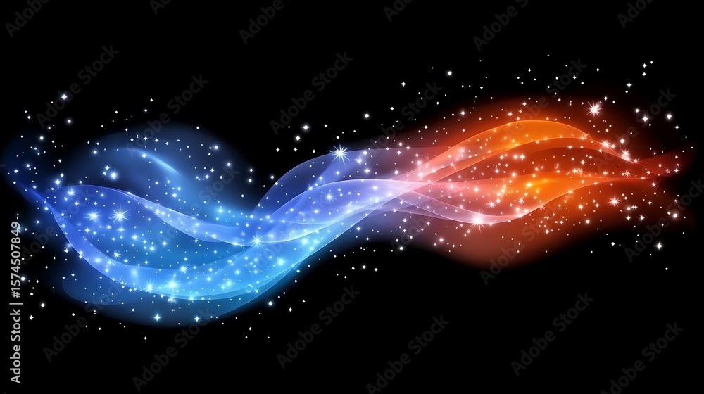 Poster abstract design with flowing, glowing lines and sparkling particles.