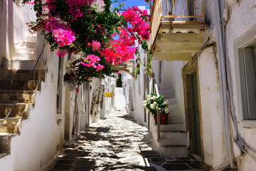 Charming Mediterranean Street with Bougainvillea Flowers