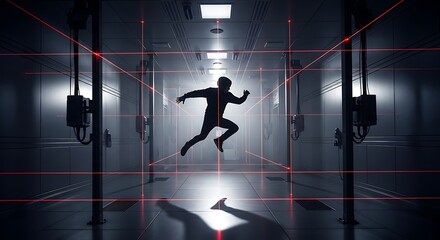 Escape the Grid A Silhouette Running Through Laser Beams. AI Generated