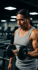 Fototapeta premium Strong native american man lifting dumbbell in gym focused on health and fitness