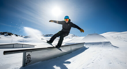 Snowboarder performing trick on snow ramp