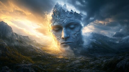 Dramatic Human Face in Abstract Sunrise Landscape
