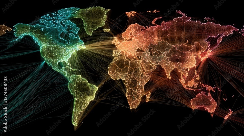 Poster a sleek design of a world map with vibrant pulsating connections and data streams illustrating the c