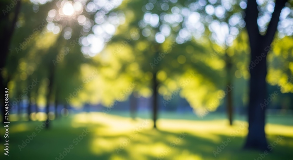 Poster sunny day in the park - blurred of a park with trees and sunlight, creating a peaceful and serene at