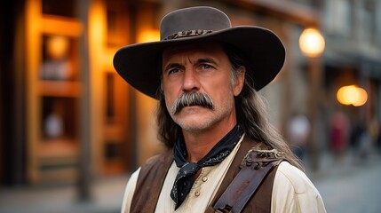 Rugged cowboy with long hair and mustache in a western town at dusk