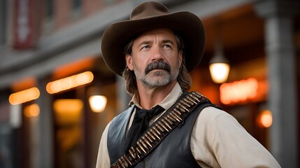 Rugged cowboy with ammunition belt looks off into the distance with a determined expression
