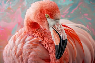 Close up of a pink flamingo resting its head on its plumage, showcasing its vibrant colors and intricate feather details
