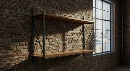 Obraz premium Industrial Loft Interior with Brick Wall, Wooden Shelves, and Window