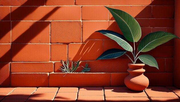rustic terracotta tiles with shadow and green plant decoration