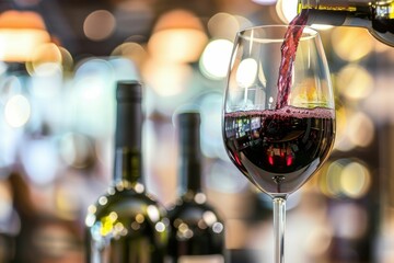 Pouring red wine into a glass with blurred bottles in the background at a cozy wine bar