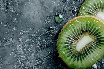 Close-up view of fresh kiwi with water droplets highlighting its vibrant green texture and seeds