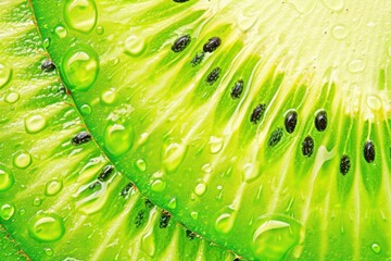 Close-up view of fresh kiwi with water droplets highlighting its vibrant green texture and seeds