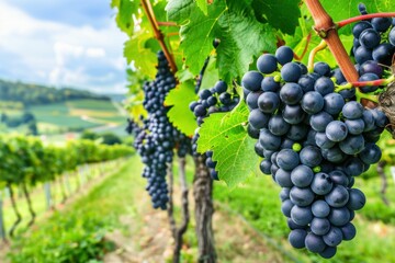 Rows of ripe dark grapes glisten after a fresh rain in a vineyard during the early morning light of late summer