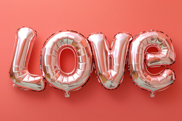 Love spelled out with rose gold foil balloons against a solid coral color background in a studio shot