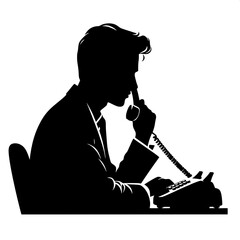 Black and White Vector Silhouette of a Man Using Office Phone
