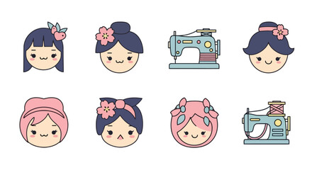 Kawaii Sewing Icons: Cute Girls and Sewing Machines