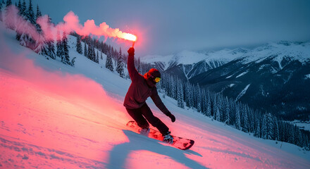 Snowboarder with flare on snow mountain