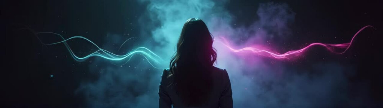 Woman standing in front of a neon wave