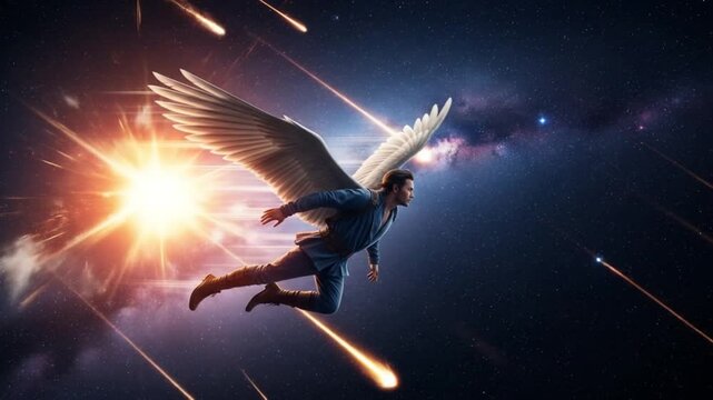 Celestial Flight: Winged Man Soaring Through Meteor Shower in Starry Cosmos