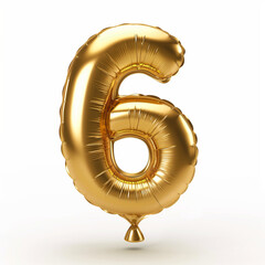 A shiny golden balloon in the shape of the number six floating against a plain white background space