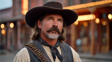Rugged cowboy with a handlebar mustache and ammunition belt gazes into the distance