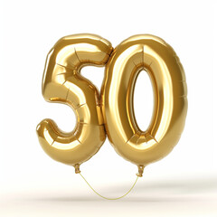 Two golden number balloons forming the number fifty floating against a white background space
