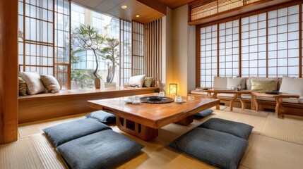 cozy Japanese tatami room, sliding shoji screens, floor cushions, low wooden table, soft ambient lighting