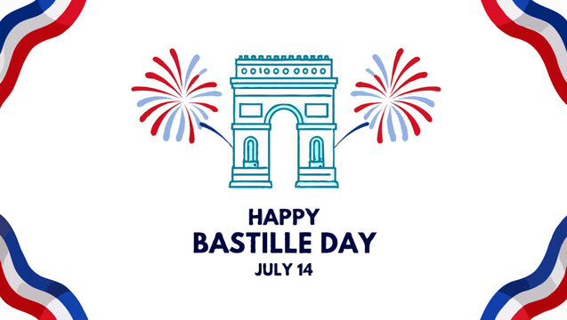 Vector art of happy bastille day celebration with arc de triomphe and fireworks