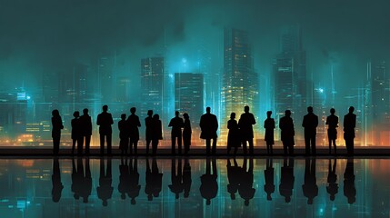 Silhouetted business professionals observe a futuristic cityscape with vibrant lights and reflections
