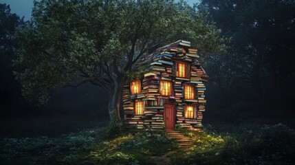 Whimsical House Made of Stacked Books and Warm Light