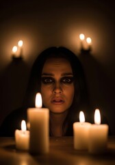 Woman Surrounded by Candlelight - A woman's face is illuminated by the soft glow of candles, symbolizing mystery, introspection, hope, vulnerability, and inner strength