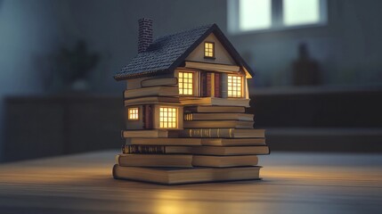 Whimsical House Made of Stacked Books with Warm Light
