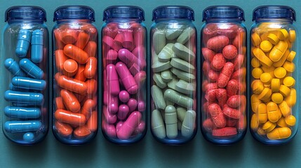 Colorful medicine bottles filled with various pills and capsules.